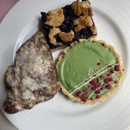 Lemon Blueberry Bar, Pistachio Raspberry Tartlet, Earl Grey Blackberry Scones with Lemon Glaze Lemon Blueberry Bar, Pistachio Raspberry Tartlet, Earl Grey Blackberry Scones with Lemon Glaze