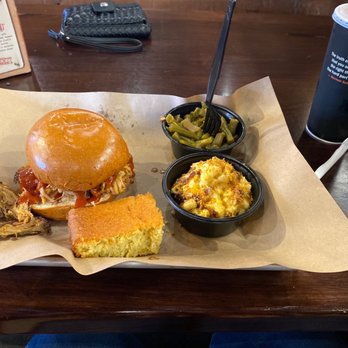 Mission BBQ - Pull pork sandwich Mac n cheese and green beans - Barbeque Near Me - Owings Mills, Maryland