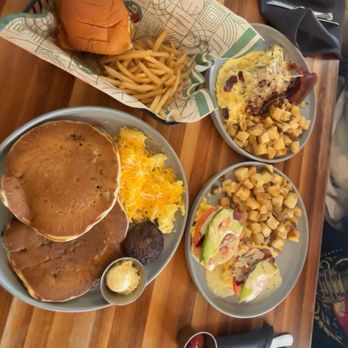 Kerbey Lane Cafe - South - Kids Jr. Cheeseburger with bacon, Breakfast Platter with blueberry pancakes eggs and sausage, Eggs Francisco, Baked Potato Omelet - American Near Me - Austin, Texas