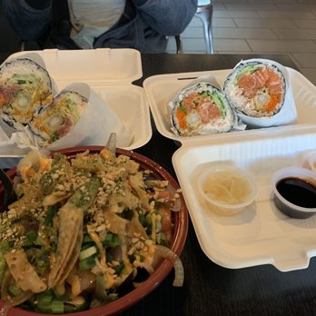 Fish Me Poke - Regular Poke bowl, regular sushi burrito on the left and large one in the right - Poke Near Me - San Jose, California Fish Me Poke - Regular Poke bowl, regular sushi burrito on the left and large one in the right - Poke Near Me - San Jose, California