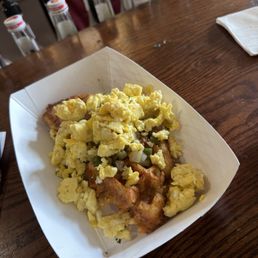 Tot Waffle with scrambled eggs, onions & peppers