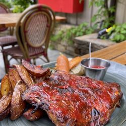 Le Monchu - Caramelized ribs with BBQ sauce and grilled fries - rib was tender and flavor was amazing.  Loved the fries too (06/2024)
