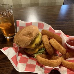 Double cheeseburger with onion rings and brewed iced tea. Very good all around