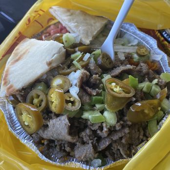The Halal Guys - Small Platter; gyro beef, jalapeños, peppers and onions - Halal Near Me - Tustin, California The Halal Guys - Small Platter; gyro beef, jalapeños, peppers and onions - Halal Near Me - Tustin, California