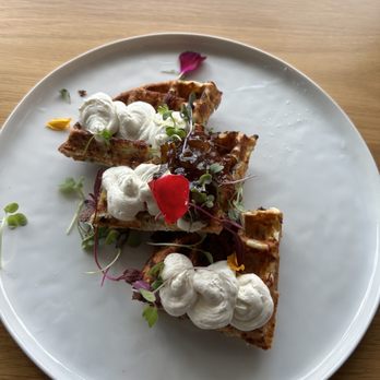 Lele Cake - Gruyere Waffles with Goat Cheese Mousse and Onion Marmalade - Coffee & Tea Near Me - Los Gatos, California