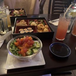 Poke bowl, bento box, cocktail.