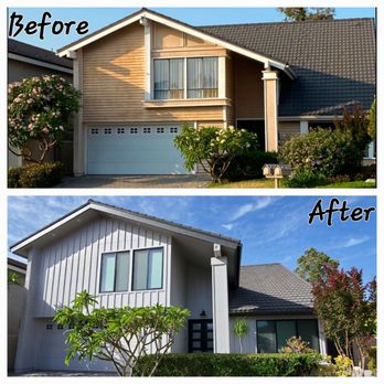 OC Builders Group - Exterior wood cladding before (top) and fiber cement cladding after (bottom) - General Contractors Near Me - Santa Ana, California OC Builders Group - Exterior wood cladding before (top) and fiber cement cladding after (bottom) - General Contractors Near Me - Santa Ana, California
