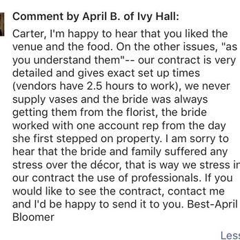 Ivy Hall - Quick and defensive instead of apologetic response to feedback - Reduce your stress and stay away from this management - Venues & Event Spaces Near Me - Roswell, Georgia