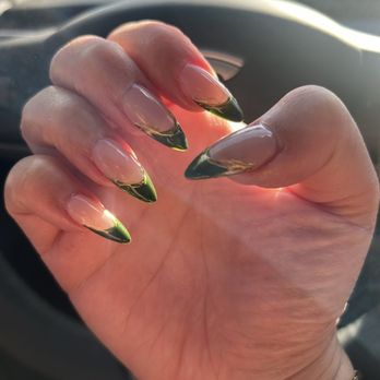 Nails Please - Nude base + olive-green French tips with a thin gold line - Nail Salons Near Me - Fremont, California Nails Please - Nude base + olive-green French tips with a thin gold line - Nail Salons Near Me - Fremont, California
