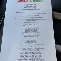 Tomato & Basil - Current menu/prices 9-9-22