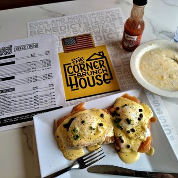 The Corner Brunch House - Smoked Salmon Benedict topped with Capers with Cheesy Grits. Available everyday - Breakfast & Brunch Near Me - Southgate, Michigan The Corner Brunch House - Smoked Salmon Benedict topped with Capers with Cheesy Grits. Available everyday - Breakfast & Brunch Near Me - Southgate, Michigan