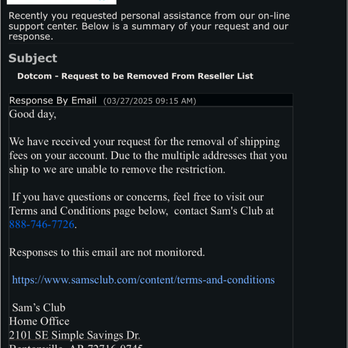 Sam's Club - This is my email response... - Tires Near Me - Melbourne, Florida