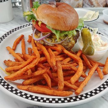 Broad Street Diner - Juicy Lucy cheeseburger with sweet potato fries, coleslaw, and pickle. - Diners Near Me - Keyport, New Jersey