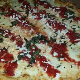 Grandma Pizza with Fresh Mozzarella, Fresh Basil, Plum Tomatoes, Garlic, and Oil