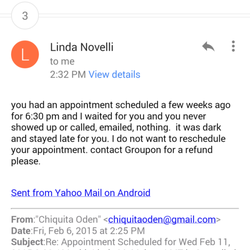 Purely Relaxing Massage & Reflexology - This is a screen shot of the email where my appointment was canceled. And utter disregard for my business.
