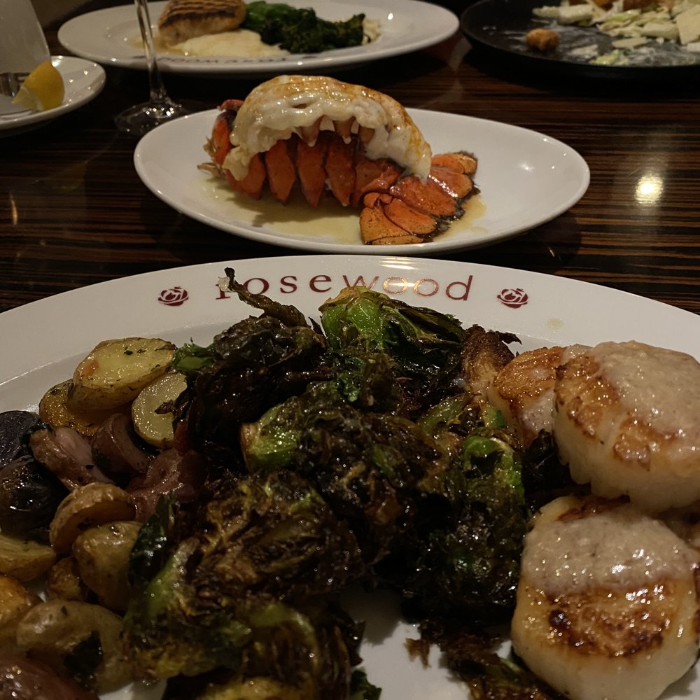 Rosewood Grill - scallops + brussels. lobster tail in the back. - New American Near Me - Hudson, Ohio