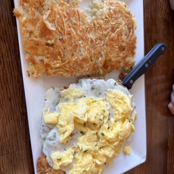Over Easy - Chandler - Chicken Fried Steak topped with scrambled eggs. - Breakfast & Brunch Near Me - Chandler, Arizona Over Easy - Chandler - Chicken Fried Steak topped with scrambled eggs. - Breakfast & Brunch Near Me - Chandler, Arizona