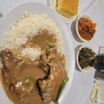 Cassandra's on the River - 2 smothered pork chops, collard greens, yams, cornbread - Seafood Near Me - Shreveport, Louisiana