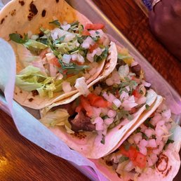 Shrimp, lengua, tripa tacos in the order Shrimp, lengua, tripa tacos in the order