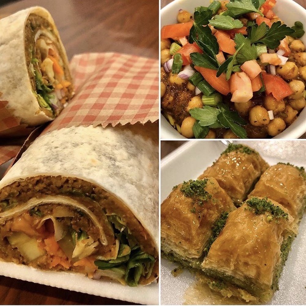 Happy Vegans - kofte wrap, chickpeas over turmeric rice, and baklava. - Vegan Near Me - Clifton, New Jersey Happy Vegans - kofte wrap, chickpeas over turmeric rice, and baklava. - Vegan Near Me - Clifton, New Jersey
