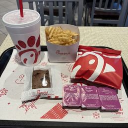 Spicy Chicken Sandwich, Waffle Fries, and Brownie