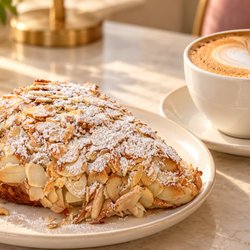 Sweet Sin Bakery & Cafe - Almond croissant and cappuccino at Sweet Sin Bakery & Cafe at The LINQ Promenade on the Las Vegas Strip.