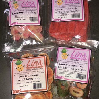 Lin's Hawaiian Snacks - Gummy lychee, lychee sour belts, gummy apples and fried lemon - Bubble Tea Near Me - Honolulu, Hawaii