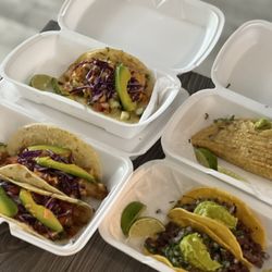 Shrimp, fish, asada tacos and Asada empanada.