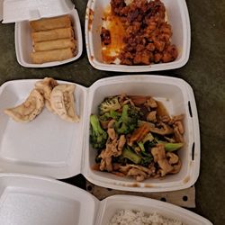 Generals chicken, broccoli chicken, eggrolls, potstickers, steamed rice