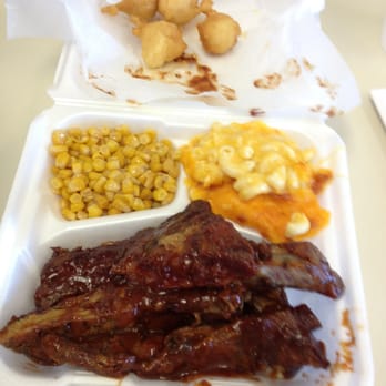 Backyard BBQ Pit - Ribs meal: ribs (obviously), mac-and-cheese, corn, hush puppies. - Barbeque Near Me - Durham, North Carolina