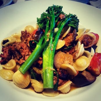 Mariposa - Orecchiette Pasta - Housemade Italian sausage, roasted eggplant, cherry tomatoes, broccolini, olive oil, garlic sauce & crumbled goat cheese - New American Near Me - Honolulu, Hawaii Mariposa - Orecchiette Pasta - Housemade Italian sausage, roasted eggplant, cherry tomatoes, broccolini, olive oil, garlic sauce & crumbled goat cheese - New American Near Me - Honolulu, Hawaii