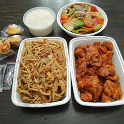 Lucky Fortune Chinese Food - Our lunch feast. Black Pepper Beef $16.25, Combination Shanghai Noodles $17.50, General Tao Chicken $18.75. Free white rice.