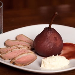 Wick at Both Ends - Home smoked duck with poached pear and horseradish sauce.