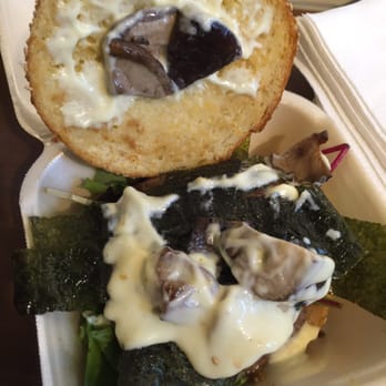 Lombardo's - Bad picture but samurai burger. Bomb ass Waguyu beef wasabi sauce shiitake mushrooms and nori on a sesame bun - Burgers Near Me - Amsterdam, New Hampshire