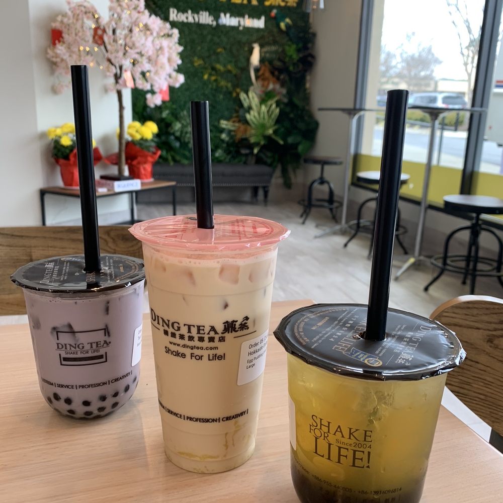 Ding Cafe - Taro, Hokkaido Oolong, and Lychee green tea (left to right) - Coffee & Tea Near Me - Rockville, Maryland Ding Cafe - Taro, Hokkaido Oolong, and Lychee green tea (left to right) - Coffee & Tea Near Me - Rockville, Maryland
