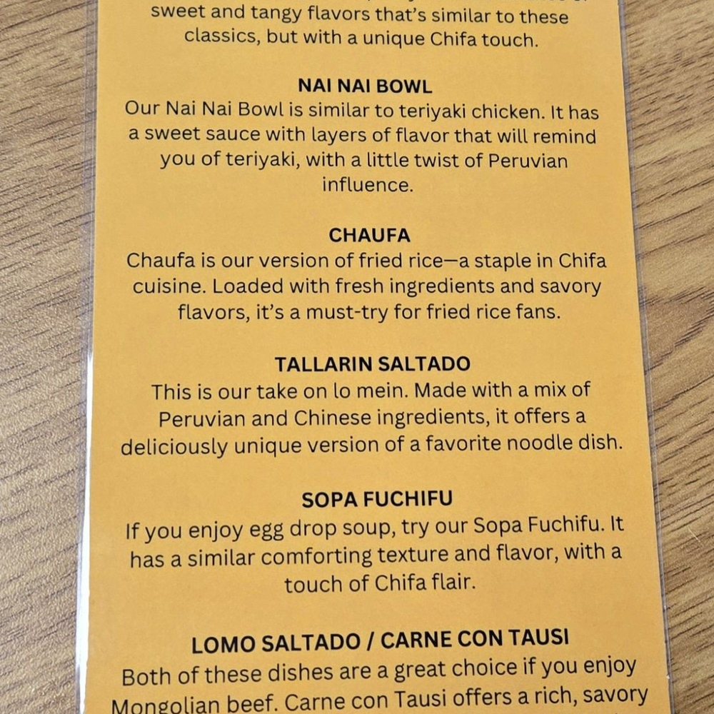Chifa Ya Chau - This was inside the menu. It describes the different styles of dishes. Very helpful. - Peruvian Near Me - Mt. Juliet, Tennessee Chifa Ya Chau - This was inside the menu. It describes the different styles of dishes. Very helpful. - Peruvian Near Me - Mt. Juliet, Tennessee