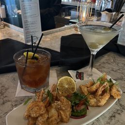 Old fashioned, dirty martini, spicy shrimp Old fashioned, dirty martini, spicy shrimp