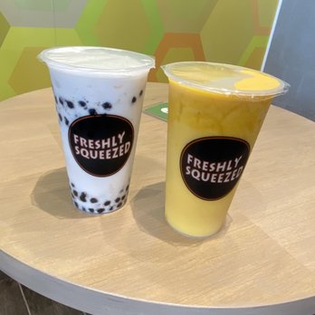 Freshly Squeezed - Coconut bubble tea slush with pearls (large, $8) and mango bubble tea slush ($7.50) - Bubble Tea Near Me - Richmond, British Columbia Freshly Squeezed - Coconut bubble tea slush with pearls (large, $8) and mango bubble tea slush ($7.50) - Bubble Tea Near Me - Richmond, British Columbia