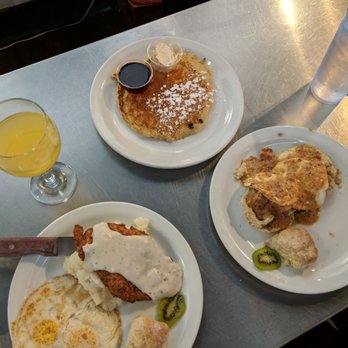 The Basics - Chicken fried steak bottom left, blueberry pancake up top, and the Southern Benedict bottom right - Southern Near Me - Wilmington, North Carolina
