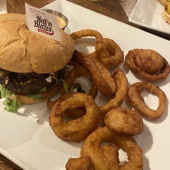 Hell 'n Blazes Brewing - Goat Burger , Beer Battered Onion Rings - Breweries Near Me - Melbourne, Florida