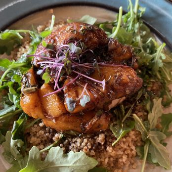 Juniper - Pork chop and peaches over farro with balsamic reduction - Wine Bars Near Me - Rapid City, South Dakota