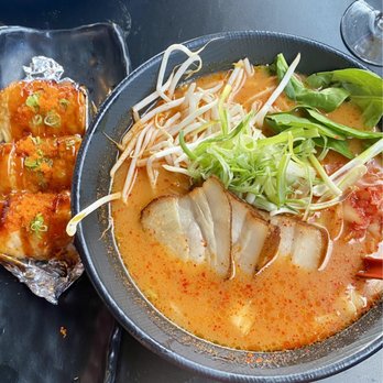 Jinme Ramen & Sushi Bar - Godfather roll (left) and Spicy Pork Ramen Lvl4 spicy (level 4 was off the menu, but offered by the staff because I love spicy food) - Sushi Bars Near Me - Auburn, California