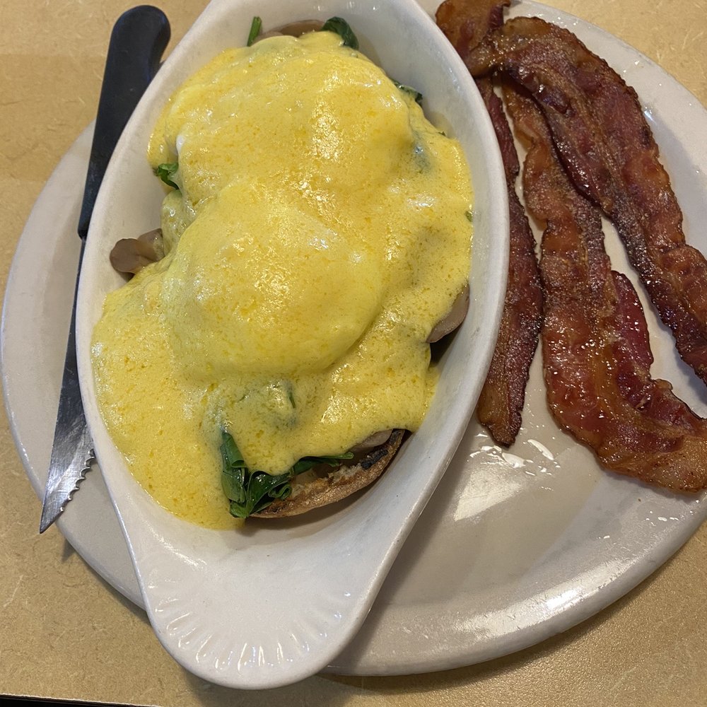 Village Coal Tower Restaurant - Eggs Benedict with mushrooms and spinach. Side of Bacon. - Breakfast & Brunch Near Me - Pittsford, New York Village Coal Tower Restaurant - Eggs Benedict with mushrooms and spinach. Side of Bacon. - Breakfast & Brunch Near Me - Pittsford, New York