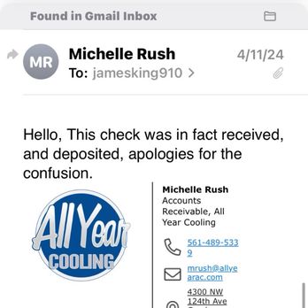 All Year - Michelle Rush confirming payment months ago. - Heating & Air Conditioning/HVAC Near Me - Coral Springs, Florida All Year - Michelle Rush confirming payment months ago. - Heating & Air Conditioning/HVAC Near Me - Coral Springs, Florida
