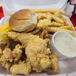 Lisa’s Chicken & Seafood - Chicken Strips lotsa fries, Big corn on the cob, Country gravy. Wished they had buttermilk biscuits it would better with this chicken!