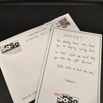 SoSo Cycles - Appreciation post card from Lennon one of best salesman at SoSo Cycles Concord. - Motorcycle Dealers Near Me - Concord, California SoSo Cycles - Appreciation post card from Lennon one of best salesman at SoSo Cycles Concord. - Motorcycle Dealers Near Me - Concord, California