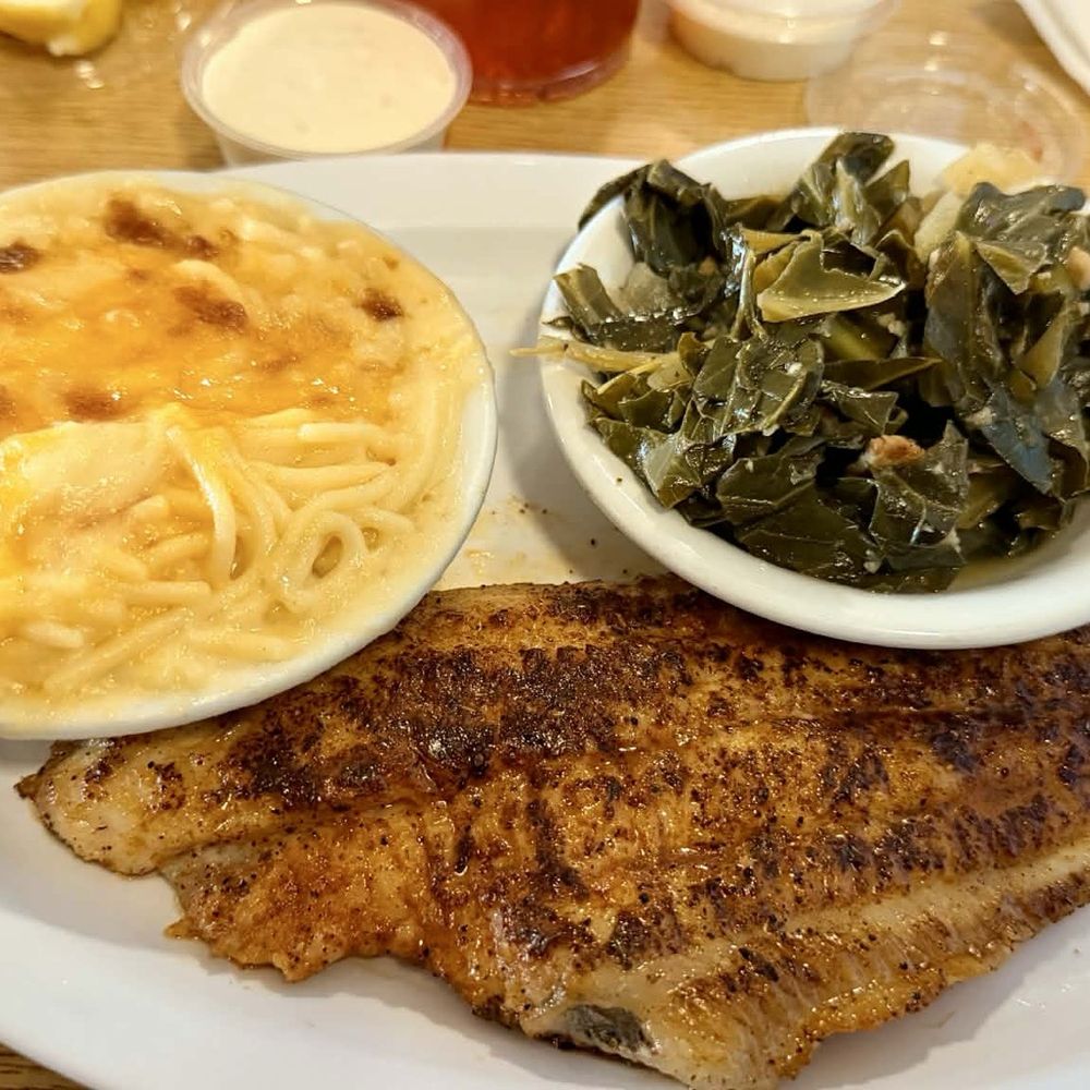 Blackened catfish  Mac and cheese Collards