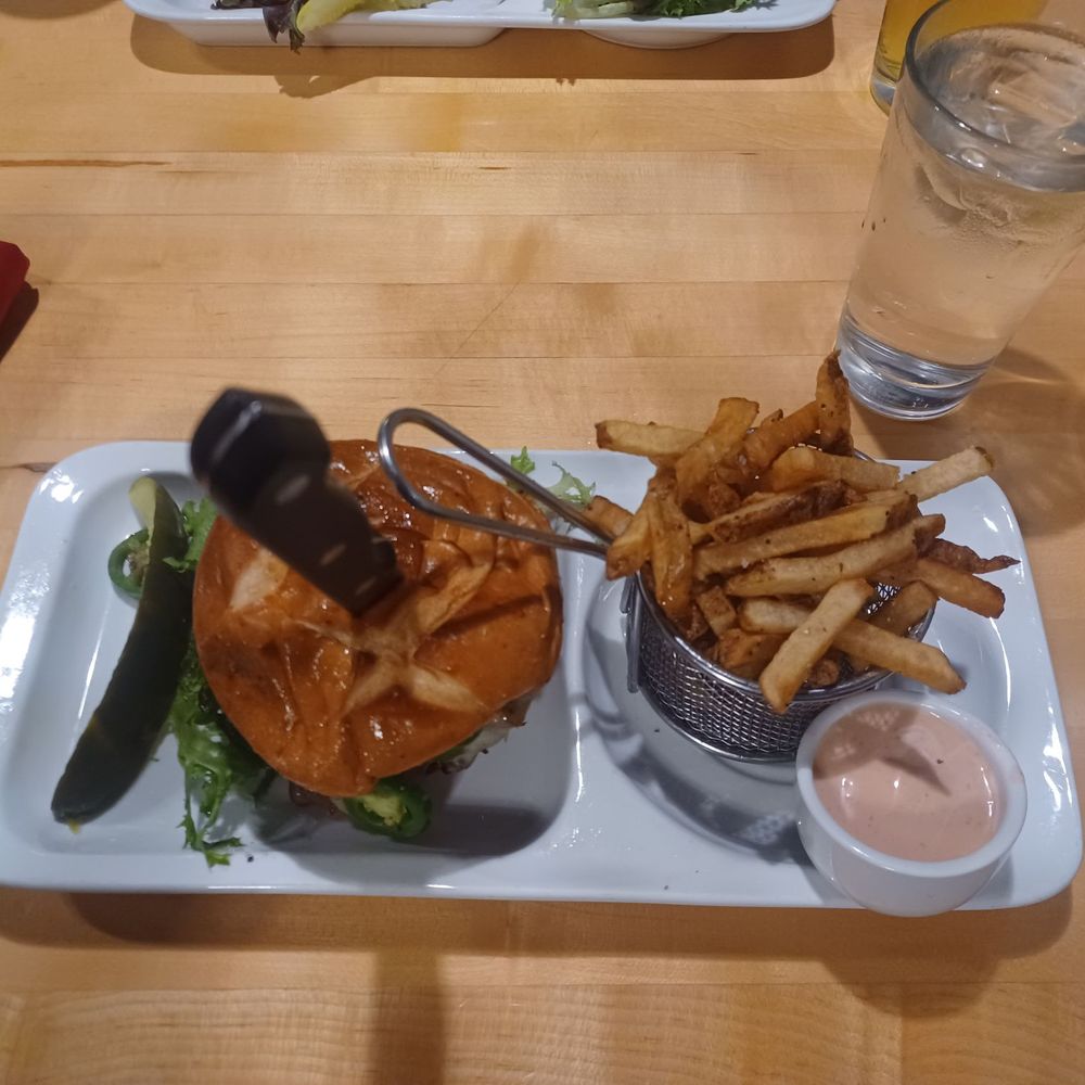 Western burger and fries. Western burger and fries.