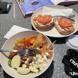 Fresh trout bowl and bagel