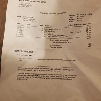 Pet Haven Veterinary Clinic - Copy of the invoice, I sure as hell did DECLINE being charged for something they should have been more then willing to do - Veterinarians Near Me - Wichita, Kansas Pet Haven Veterinary Clinic - Copy of the invoice, I sure as hell did DECLINE being charged for something they should have been more then willing to do - Veterinarians Near Me - Wichita, Kansas